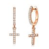 Sterling Silver Cross Huggie Drop Earrings - White Round CZ