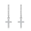 Sterling Silver Cross Huggie Drop Earrings - White Round CZ
