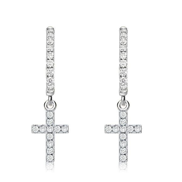 Sterling Silver Cross Huggie Drop Earrings - White Round CZ