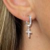 Sterling Silver Cross Huggie Drop Earrings - White Round CZ