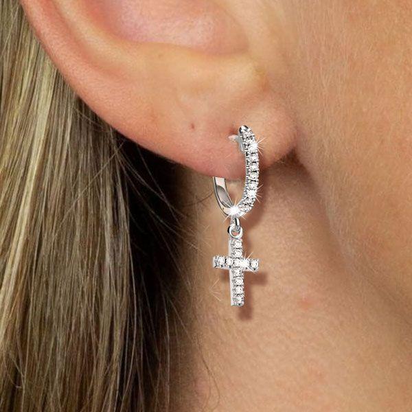 Sterling Silver Cross Huggie Drop Earrings - White Round CZ