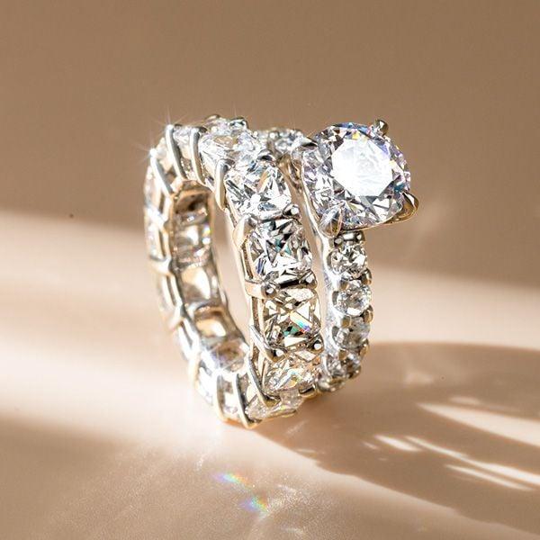 Cushion and Round Cut White Sapphire Bridal Set in Rhodium Plated Sterling Silver