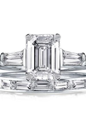 Emerald and Baguette Cut Three Stone Sterling Silver Bridal Set