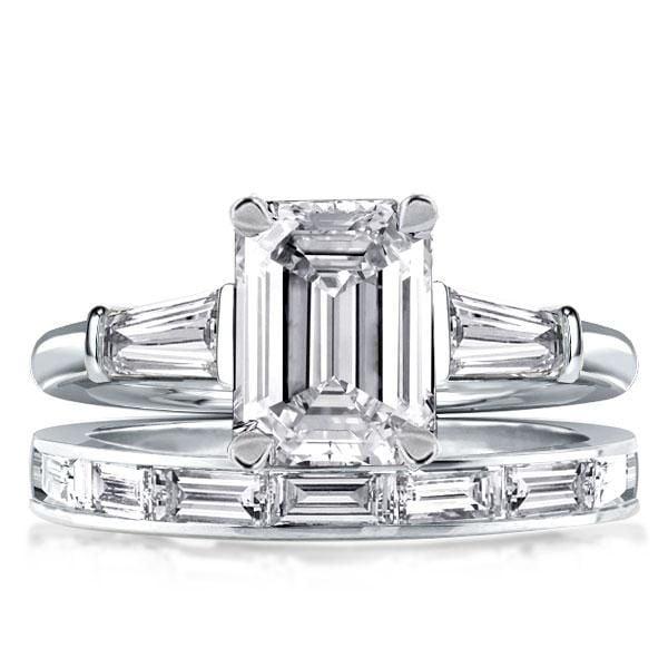 Emerald and Baguette Cut Three Stone Sterling Silver Bridal Set