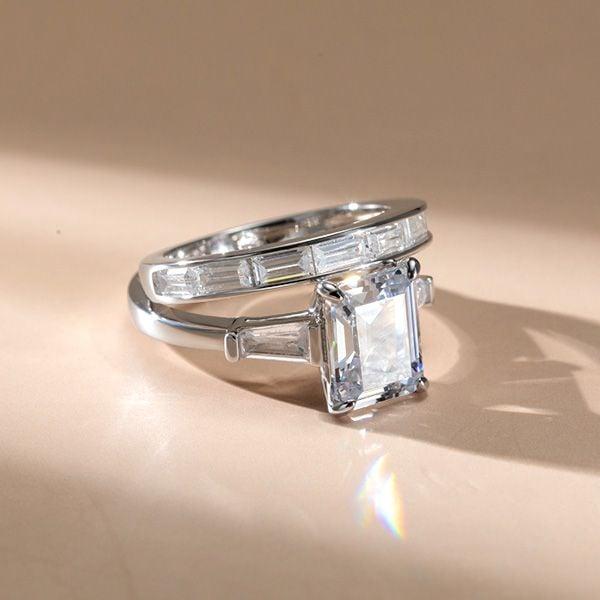 Emerald and Baguette Cut Three Stone Sterling Silver Bridal Set
