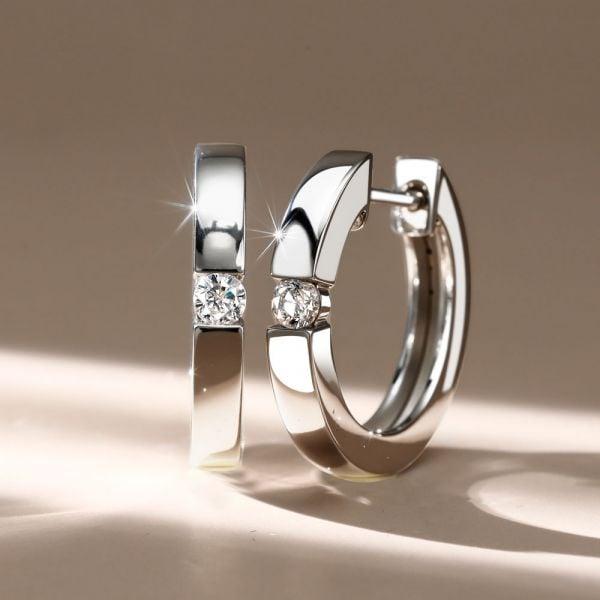 Sterling Silver Single Stone Hoop Earrings with Rhodium Finish