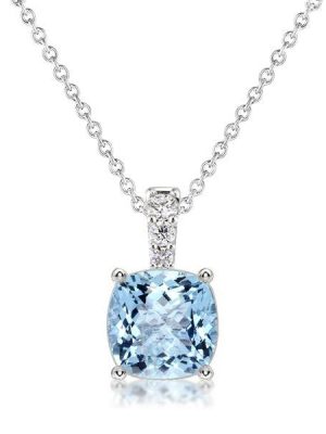 Cushion Cut Aquamarine Pendant Necklace - Sterling Silver - Choose Your Length