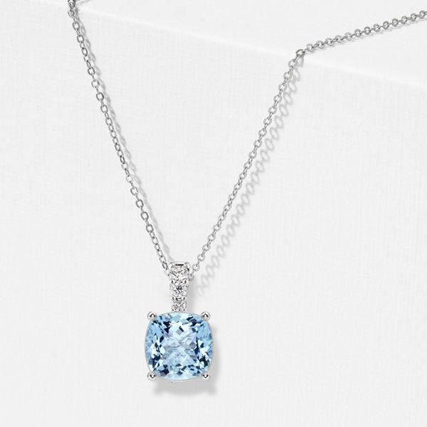 Cushion Cut Aquamarine Pendant Necklace - Sterling Silver - Choose Your Length