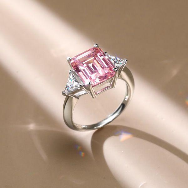 Emerald Cut Pink Simulated Diamond Engagement Ring in Sterling Silver
