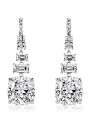 Cushion Cut White Sapphire Drop Earrings in Sterling Silver - Affordable Elegance