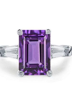 Emerald & Amethyst Engagement Ring - 925 Sterling Silver