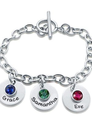 Personalized Birthstone Charm Bracelet - Sterling Silver Engraved Bracelet