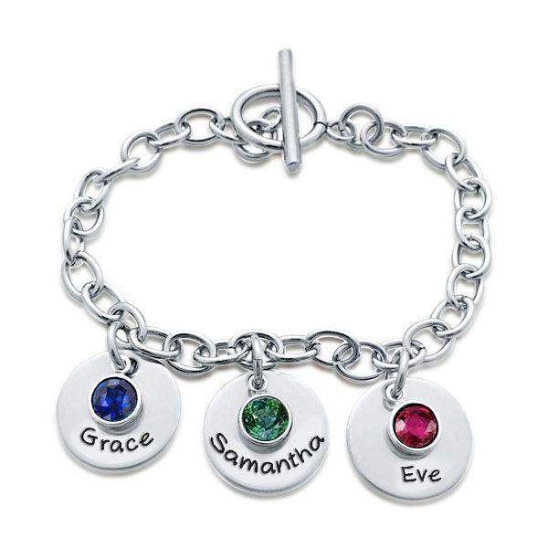 Personalized Birthstone Charm Bracelet - Sterling Silver Engraved Bracelet