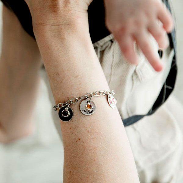 Personalized Birthstone Charm Bracelet - Sterling Silver Engraved Bracelet