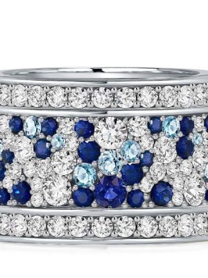 Womens Sterling Silver Multi-Row Eternity Wedding Band with Blue Accent Stones