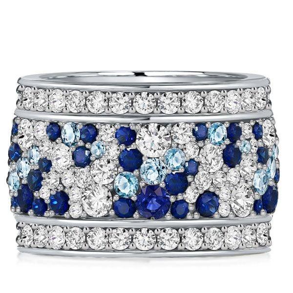 Womens Sterling Silver Multi-Row Eternity Wedding Band with Blue Accent Stones