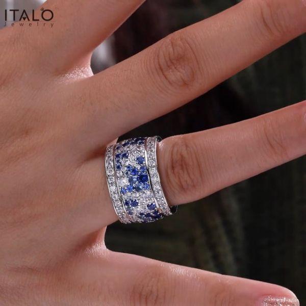 Womens Sterling Silver Multi-Row Eternity Wedding Band with Blue Accent Stones