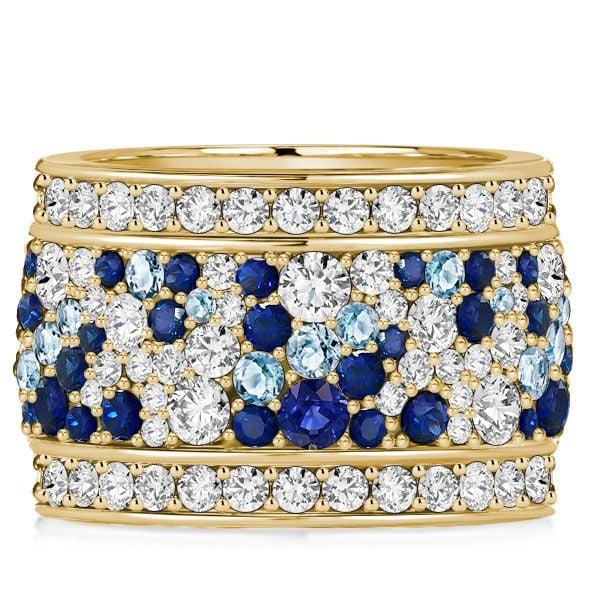 Womens Sterling Silver Multi-Row Eternity Wedding Band with Blue Accent Stones