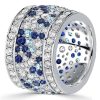 Womens Sterling Silver Multi-Row Eternity Wedding Band with Blue Accent Stones