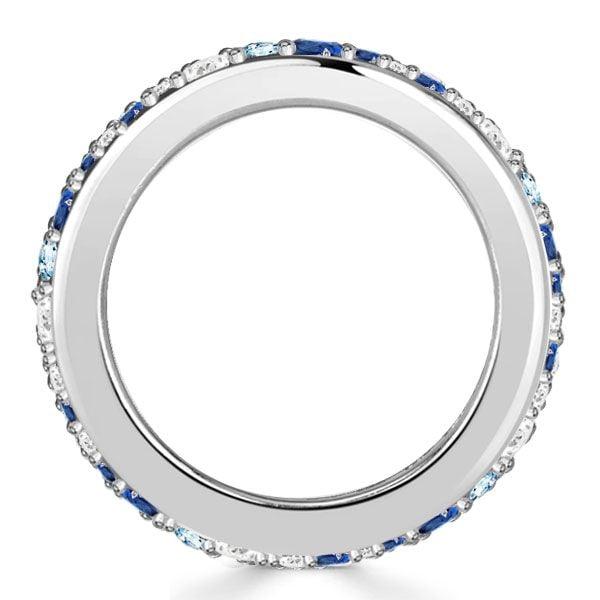 Womens Sterling Silver Multi-Row Eternity Wedding Band with Blue Accent Stones