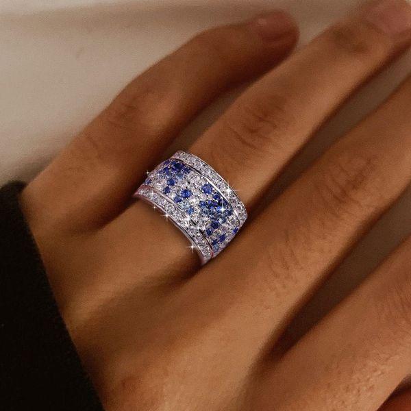 Womens Sterling Silver Multi-Row Eternity Wedding Band with Blue Accent Stones