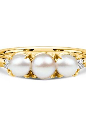 Golden Pearl Anniversary Ring - 18K Gold Plated Sterling Silver Round Cut Band