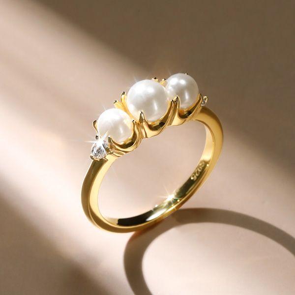 Golden Pearl Anniversary Ring - 18K Gold Plated Sterling Silver Round Cut Band