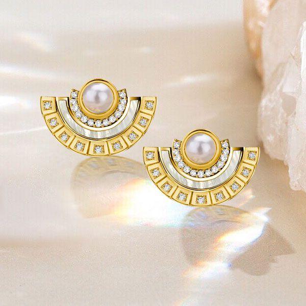 Pearl Fan Stud Earrings - 925 Sterling Silver, Elegant Design