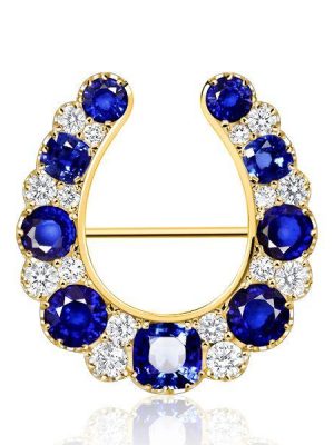 Golden Horseshoe Brooch with Blue Sapphire - Vintage Style