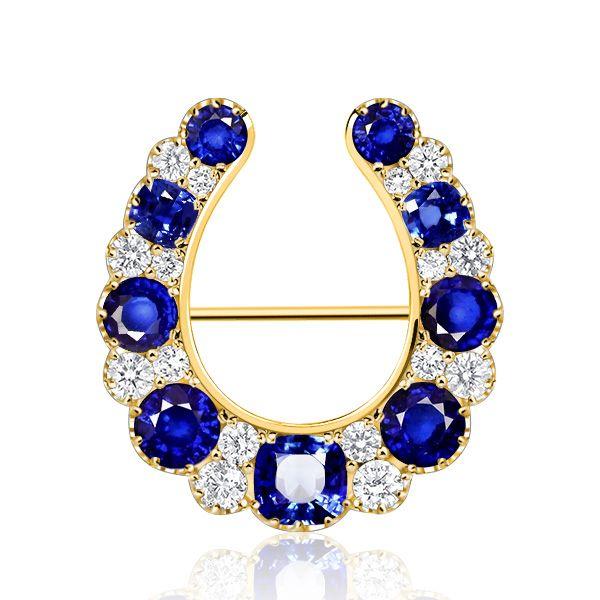 Golden Horseshoe Brooch with Blue Sapphire - Vintage Style