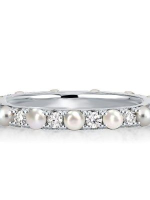 Pearl & Round Cut CZ Eternity Wedding Band in Sterling Silver