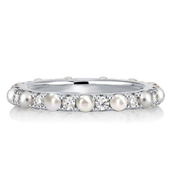 Pearl & Round Cut CZ Eternity Wedding Band in Sterling Silver