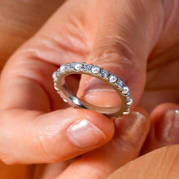 Pearl & Round Cut CZ Eternity Wedding Band in Sterling Silver