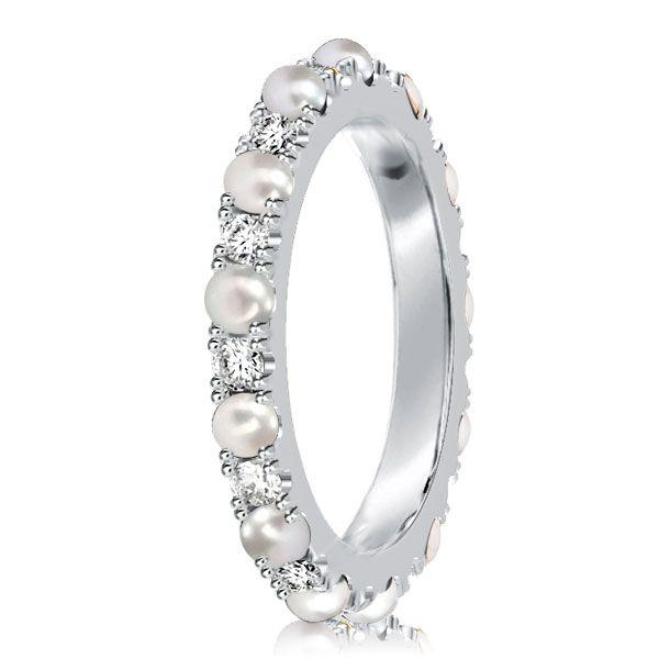 Pearl & Round Cut CZ Eternity Wedding Band in Sterling Silver