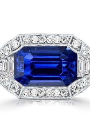 Vintage Emerald Cut Blue Sapphire Engagement Ring in Sterling Silver with Rhodium Finish