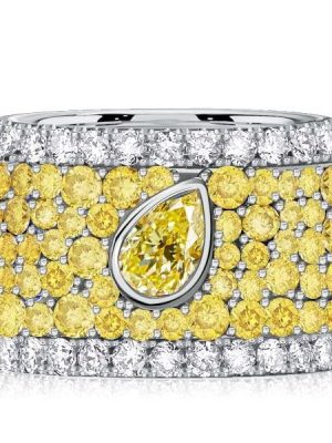 Micro-Pave Emerald and Pear Cut Yellow Topaz Eternity Band in Rhodium Plated Sterling Silver