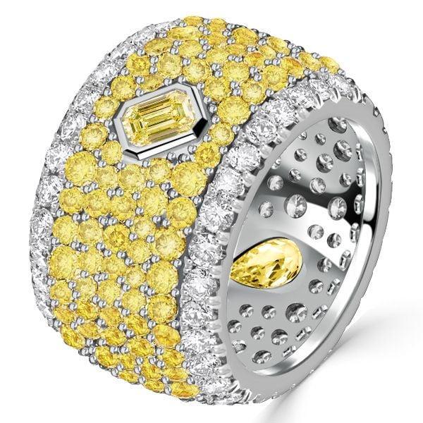 Micro-Pave Emerald and Pear Cut Yellow Topaz Eternity Band in Rhodium Plated Sterling Silver