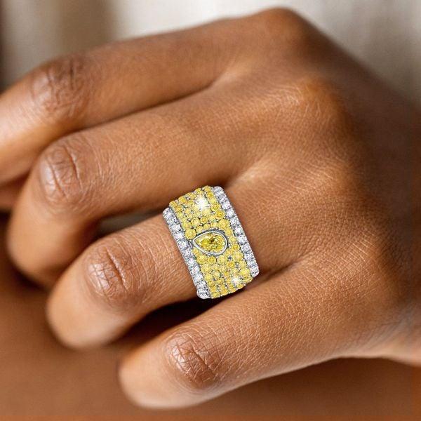 Micro-Pave Emerald and Pear Cut Yellow Topaz Eternity Band in Rhodium Plated Sterling Silver