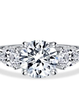 Three Stone Engagement Ring Pear Cut Center with Round Accents in Rhodium Plated Sterling Silver