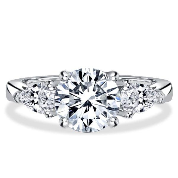 Three Stone Engagement Ring Pear Cut Center with Round Accents in Rhodium Plated Sterling Silver