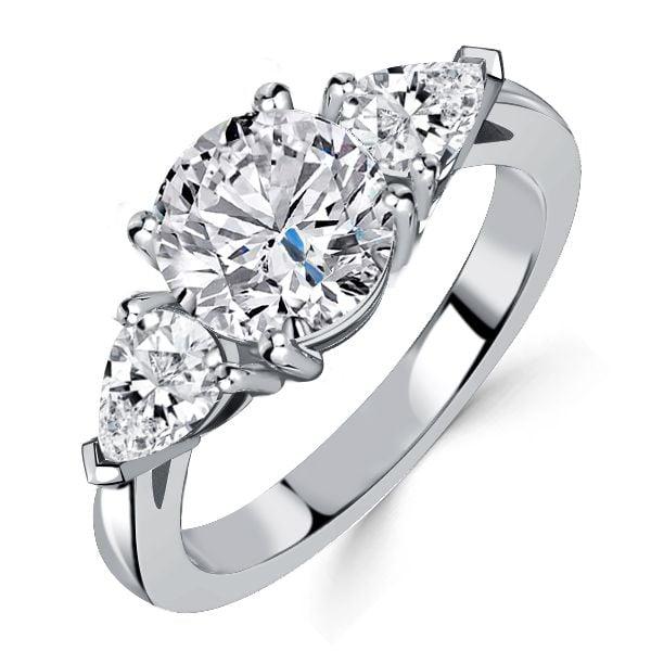 Three Stone Engagement Ring Pear Cut Center with Round Accents in Rhodium Plated Sterling Silver