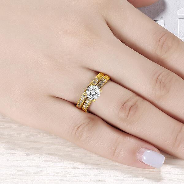 18K Gold Plated Sterling Silver White Sapphire Bridal Set with Milgrain Detail