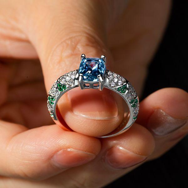 Blue Topaz Cushion Cut Engagement Ring - Sterling Silver Pave Setting