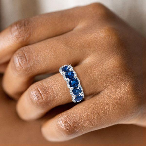 Halo Cushion Created Sapphire Wedding Band in Sterling Silver