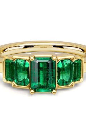 5 Stone Emerald Cut Emerald Green Engagement Ring in 18K Gold Plated Sterling Silver
