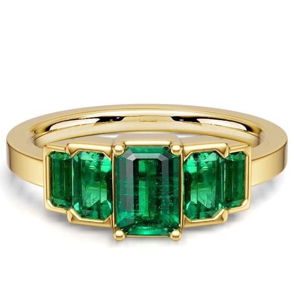 5 Stone Emerald Cut Emerald Green Engagement Ring in 18K Gold Plated Sterling Silver