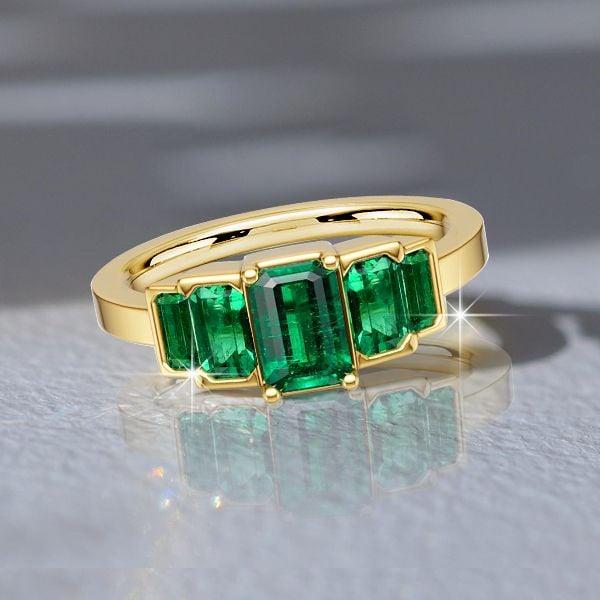 5 Stone Emerald Cut Emerald Green Engagement Ring in 18K Gold Plated Sterling Silver
