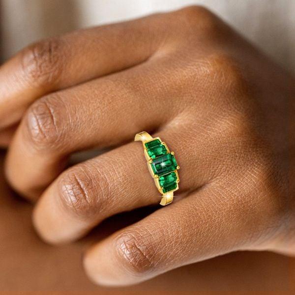5 Stone Emerald Cut Emerald Green Engagement Ring in 18K Gold Plated Sterling Silver