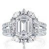 Emerald Cut Halo Wedding Set - Sterling Silver Double Prong 3PC Bridal Ring Set