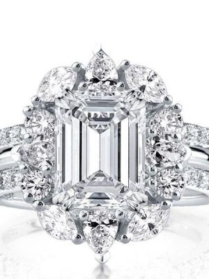 Emerald Cut Halo Wedding Set - Sterling Silver Double Prong 3PC Bridal Ring Set